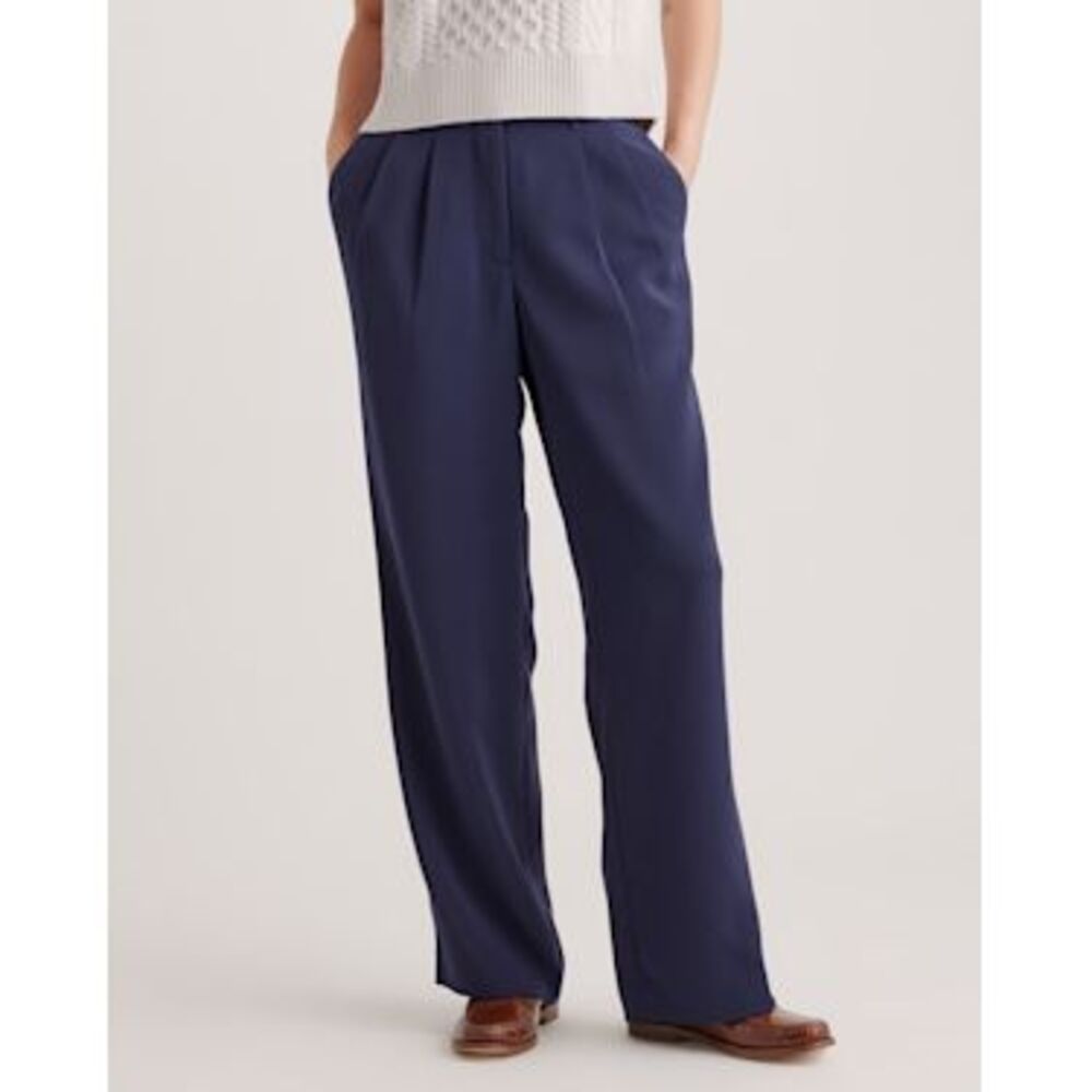 Quince Women Stretch Crepe Pleated Wide Leg Pants Navy 14